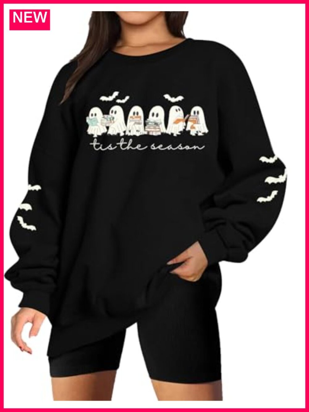 Ghost Reading Books Sweatshirt Women Cotton Blend Crew Neck Fall Pullover